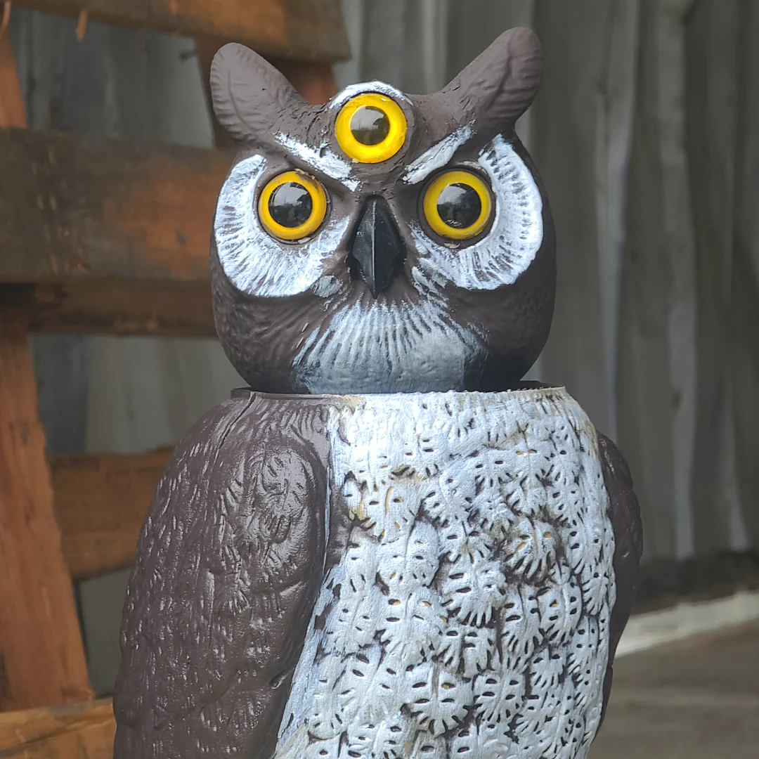 3-Eyed Rotating Head Owl Decoy, 18", Large Natural Enemy Scarecrow Bird Deterrent, by Dalen Products - Image 3